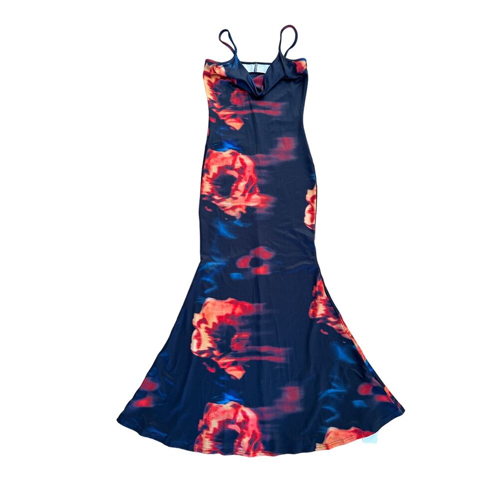 Do My Self - Cowl Neckline FanTail Hem Maxi Dress in Black Blue & Red